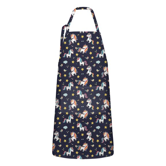 Dark Blue Cartoon Unicorn Star Bird Pattern Apron-Garden Aprons for Women with Pockets-Cotton Linen Waterproof Kitchen Cooking Gardening Aprons Adjustable for Kitchen,Cooking,BBQ and Salon 33x27 Inch