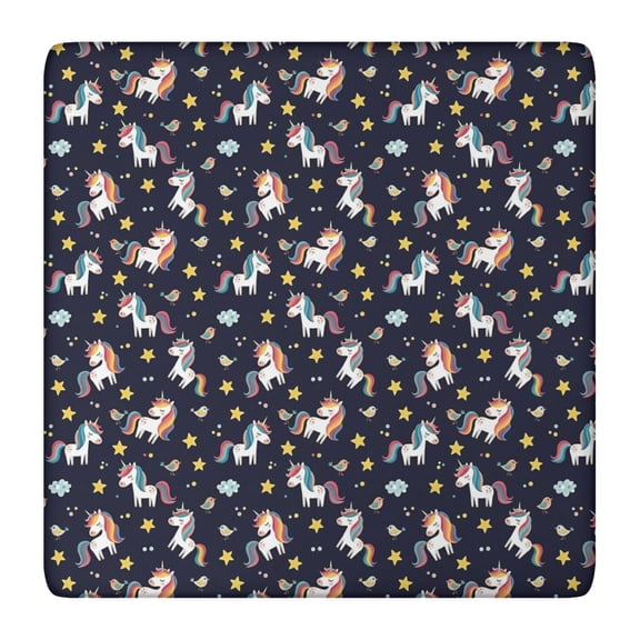 Dark Blue Cartoon Unicorn Star Bird Pattern Square Fitted Tablecloth with Elastic Edge,Square Table Cover,Washable Elastic Table Cover for Home Kitchen Party Decor 36"x36"