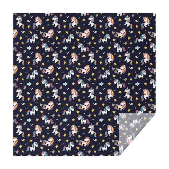 Dark Blue Cartoon Unicorn Star Bird Pattern Square Tablecloth,Waterproof Square Table Cover,Wipeable Spillproof Washable Table Cover for Home Kitchen Party Decor 42"X42"(107x107cm)