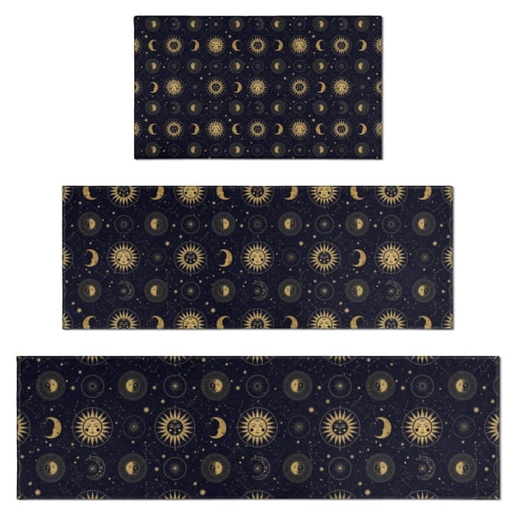 Dark Blue Celestial Body Pattern Kitchen Rugs Sets Of 3,Kitchen Runner Rugs Non Skid Washable,Decorative Kitchen Floor Mats for Kitchen,Sink,Laundry,17"x30"+ 17"x47" + 17"x59"