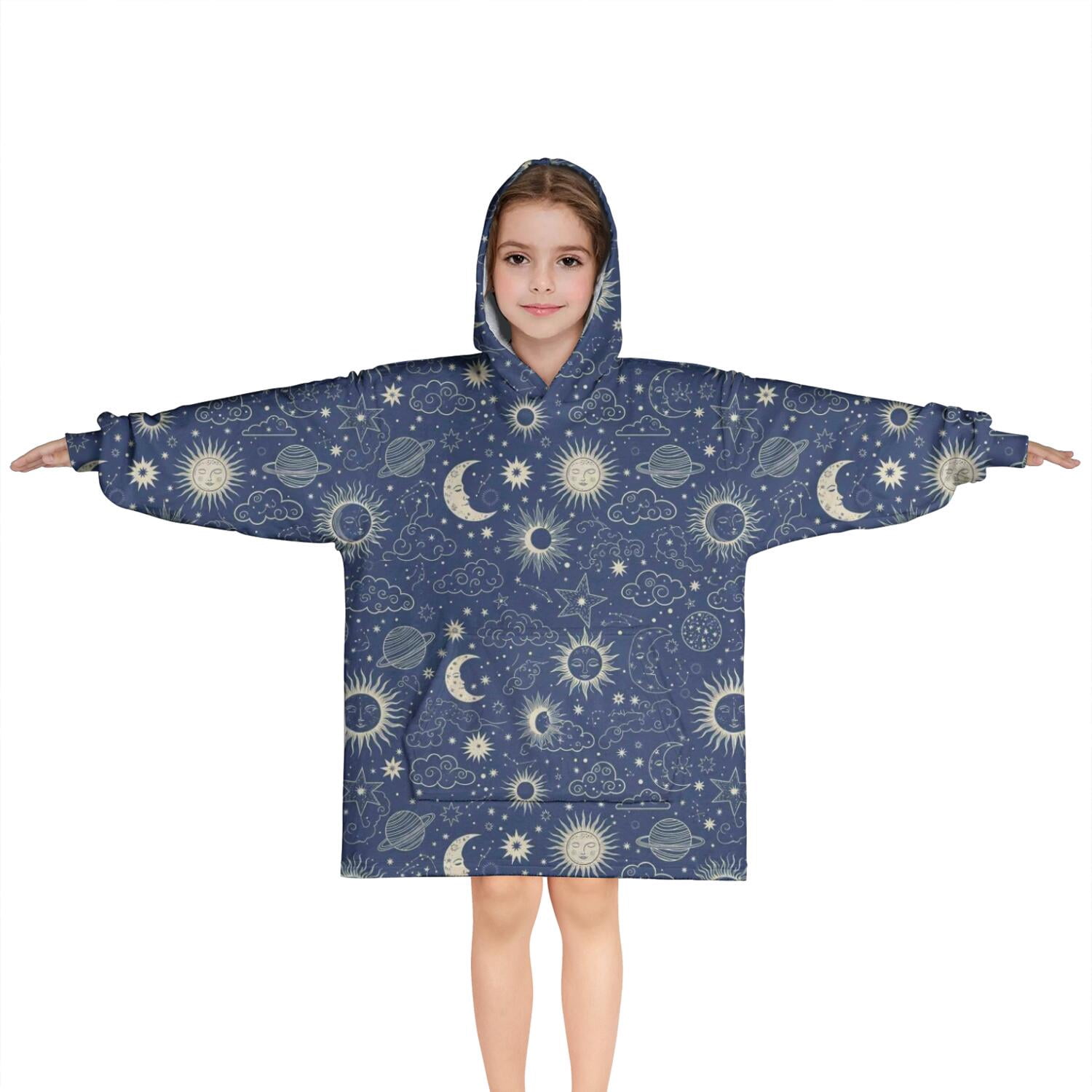 Dark Blue Celestial Pattern Blanket Hoodies for Kids 6-13YR Oversize Wearable Blanket Hoodies for Boys Girls Teens