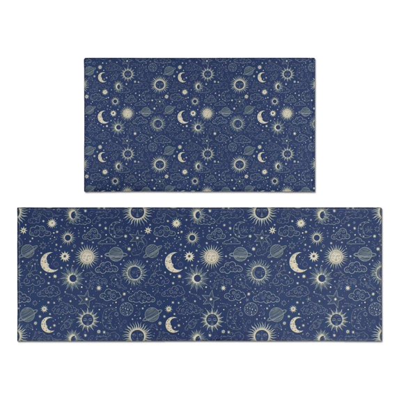 Dark Blue Celestial Pattern Kitchen Rugs Sets Of 2,Anti Fatigue Kitchen Mat Rugs Non Slip Washable,Decorative Kitchen Floor Mats for Kitchen,Sink,Laundry,17"x30"+17"x47"