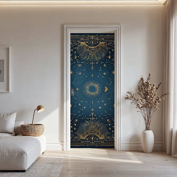 Dark Blue Celestial Sun Moon Star Door Sticker - Self-Adhesive PVC Mystical Galaxy Theme Decal for Bedroom, Office & Wall Decor