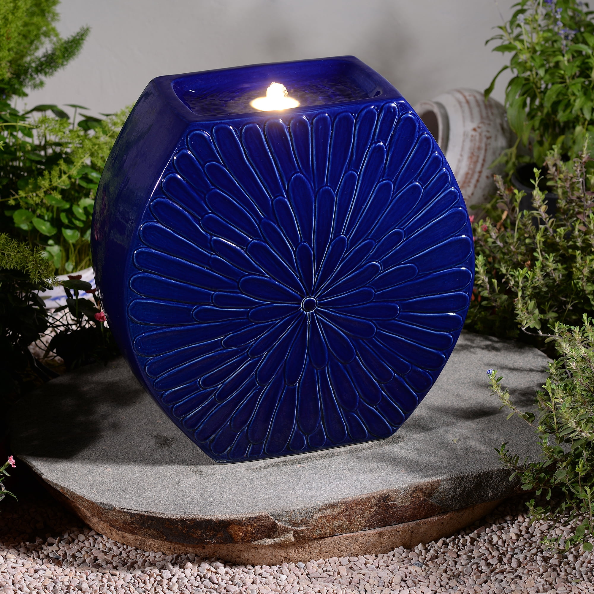 Dark Blue Ceramic Orbital Bubble Fountain, Decorative Water Fountain with LED Lights and Quiet Pump, Indoor Outdoor Water Feature for Patio, Garden, Deck, Balcony, Office and Home Décor
