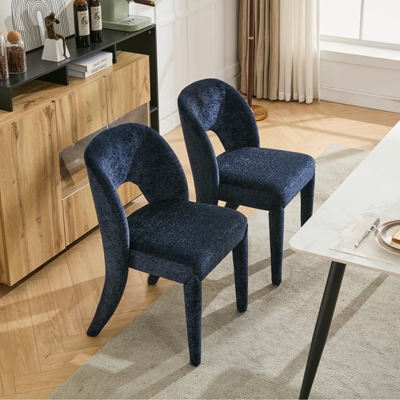 Dark Blue Chenille Dining Chairs (Set of 2), Hollowed - out Backrest Design, Suitable for Restaurant Kitchens