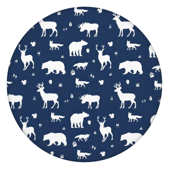 Dark Blue Christmas Animal Pattern Round Fitted Tablecloth with Elastic Edge,Dining Table Cover Waterproof,Outdoor Round Tablecloth for Camping,Dining,Indoor and Outdoor
