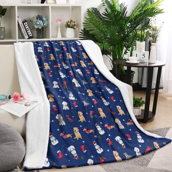 Dark Blue Christmas Dog and Snowman Pattern Blanket,Comfortable Soft Flannel Throw Blanket,All Season,Warm Lightweight Blankets for Sofa Bed Couch Living Room Chair,60"x80"