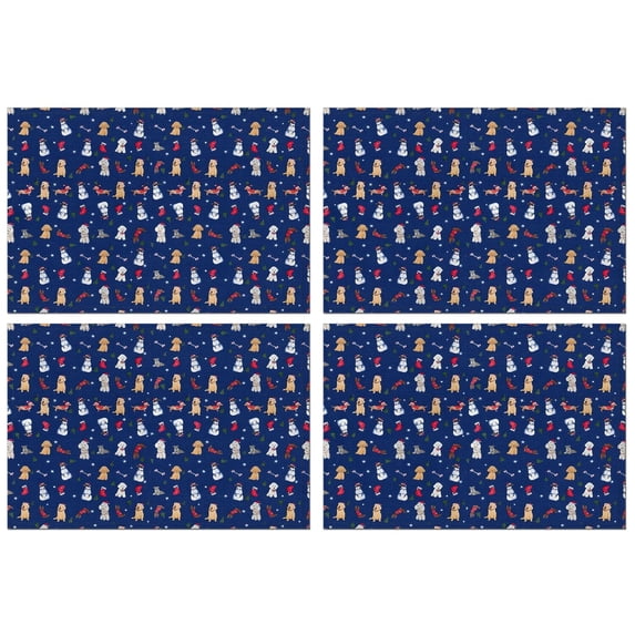 Dark Blue Christmas Dog and Snowman Pattern Summer Placemats Table Placemats Set Of 4-Linen Kitchen Washable Placemats Table Mats 11.8"x17.7" Non-Slip Heat Resistant