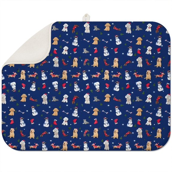 Dark Blue Christmas Dog and Snowman Pattern Dish Drying Mat for Kitchen 1 Pack, Ultra Absorbent Microfiber Dishes Drainer Mats,18x24in(46x61cm)