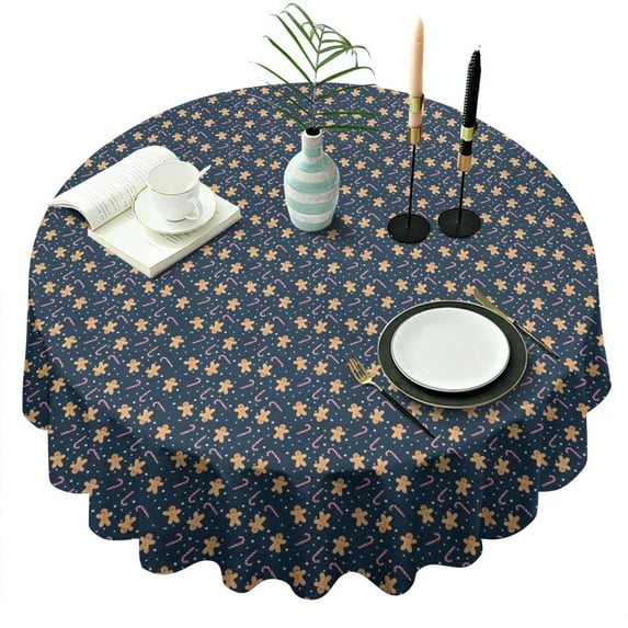 Dark Blue Christmas Gingerbread Pattern Round Tablecloth 60"x60",Wrinkle Wipeable Table Cloth for Kitchen Dining Room Picnic Patio Party