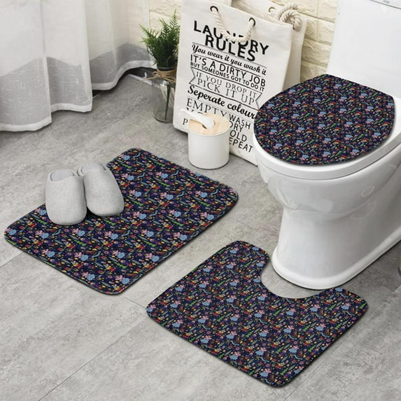 Dark Blue Christmas Nutcracker Pattern Bathroom Rugs Sets 3 Piece,Toilet Cover Set,Absorbent Non Slip Bathroom Mats Sets with U-Shaped Contour Rug Toilet Rug Set