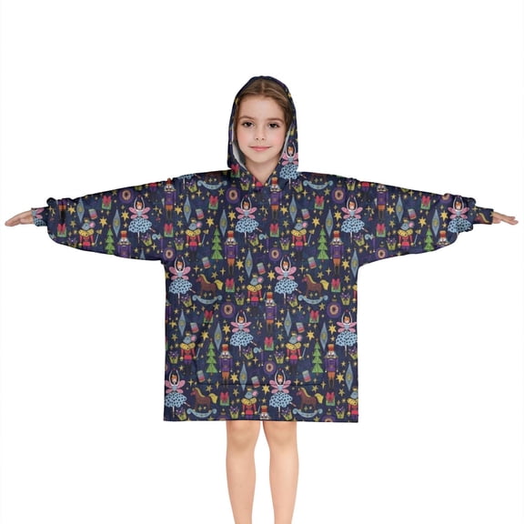 Dark Blue Christmas Nutcracker Pattern Blanket Hoodies for Kids 6-13YR Oversize Wearable Blanket Hoodies for Boys Girls Teens