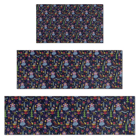 Dark Blue Christmas Nutcracker Pattern Kitchen Rugs Sets Of 3,Kitchen Runner Rugs Non Skid Washable,Decorative Kitchen Floor Mats for Kitchen,Sink,Laundry,17"x30"+ 17"x47" + 17"x59"