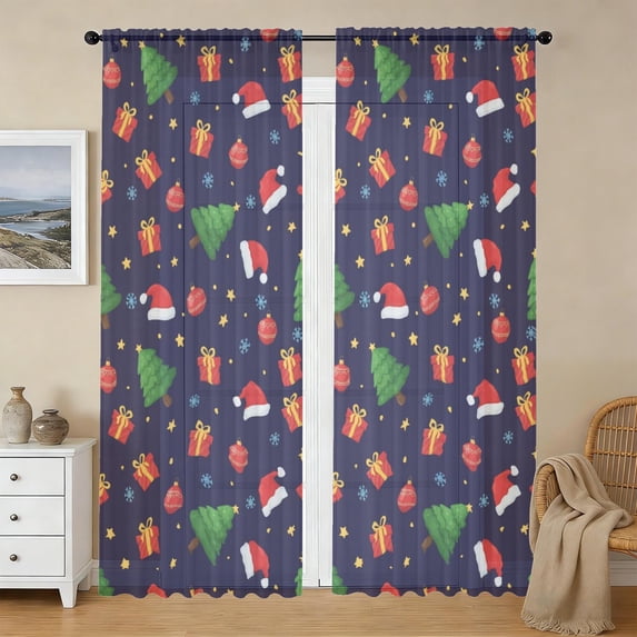 Dark Blue Christmas Pattern Sheer Curtains, Sheer Window Panels with ...