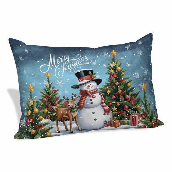 Dark Blue Christmas Pillow Covers, Linen Long Throw Pillow Case, Snowman Xmas Tree Snowflake Gifts Elk Holiday Pillow Protector Decorative Cushion Cover for Living Room/Bedroom 12" x 20"