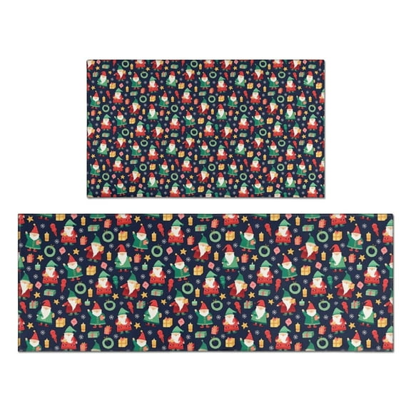 Dark Blue Christmas Santa and Gnome Pattern Kitchen Rugs Sets Of 2,Anti Fatigue Kitchen Mat Rugs Non Slip Washable,Decorative Kitchen Floor Mats for Kitchen,Sink,Laundry,17"x30"+17"x47"