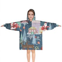 Dark Blue Christmas Santa Pattern Blanket Hoodies for Kids 6-13YR Oversize Wearable Blanket Hoodies for Boys Girls Teens