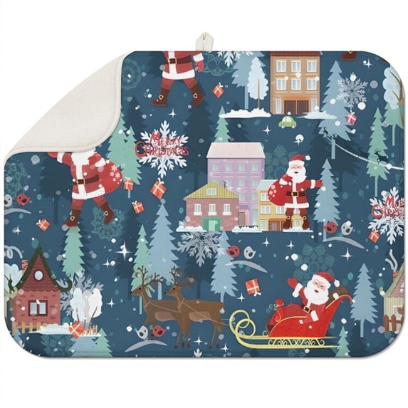 Dark Blue Christmas Santa Pattern Dish Drying Mat for Kitchen 1 Pack, Ultra Absorbent Microfiber Dishes Drainer Mats,18x24in(46x61cm)