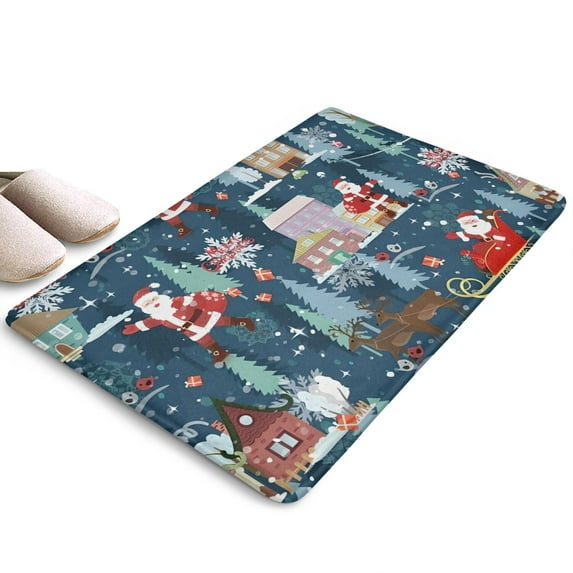 Dark Blue Christmas Santa Pattern Flannel Non Slip Door Rugs,Washable Door Mats Indoor,Decorative Door Mats,Dirt-Resistant and Absorbent Doormat for Entrance,Bedroom,Kitchen,Bathroom,23.5"x16"