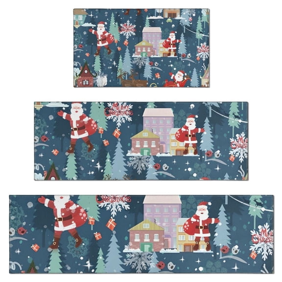 Dark Blue Christmas Santa Pattern Kitchen Rugs Sets Of 3,Kitchen Runner Rugs Non Skid Washable,Decorative Kitchen Floor Mats for Kitchen,Sink,Laundry,17"x30"+ 17"x47" + 17"x59"