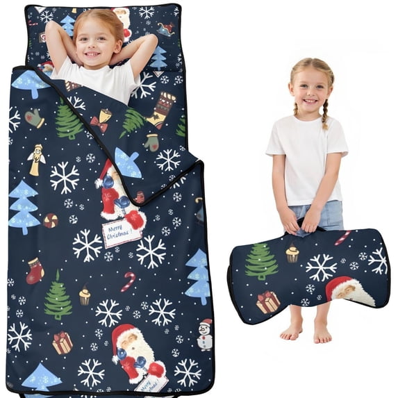 Dark Blue Christmas Santa Pattern Toddler Nap Mats for Kids Preschool,50"x20" Sleeping Mat Bag or Kids,Toddler Sleeping Bag,Toddler Nap Mat or Daycare