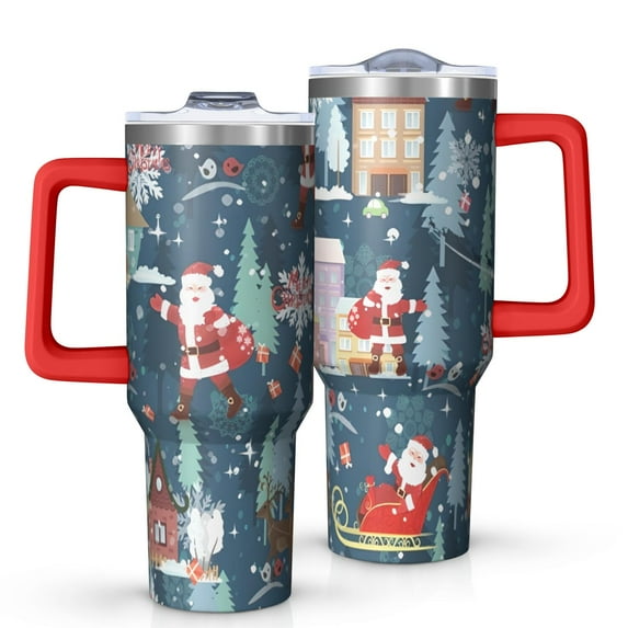 Dark Blue Christmas Santa Pattern Tumbler with Handle and Lid,40oz Double Wall Vacuum Insulated Tumbler,Cups Gift for Women and Men