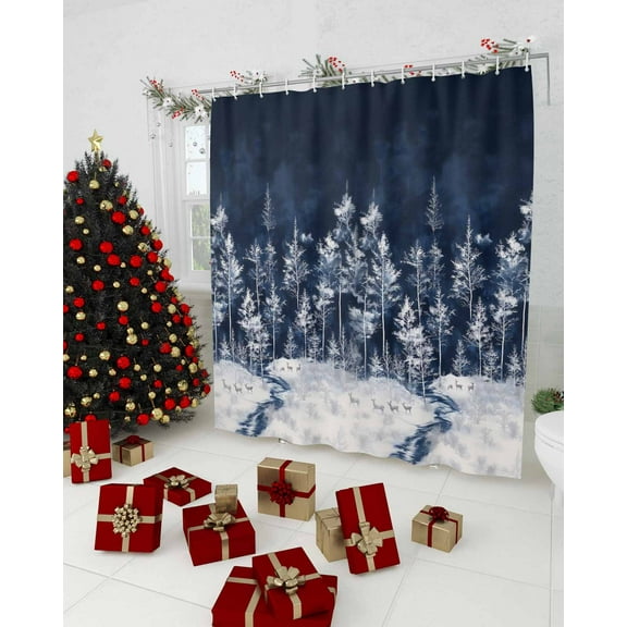 Dark Blue Christmas Shower Curtain, Forest Reindeer Watercolor Snowflake Waterproof Washable Boho Funny Cute Shower Curtains Set for Bathroom Farmhouse Bathtubs Decor with Hook, 36"Wx72"L