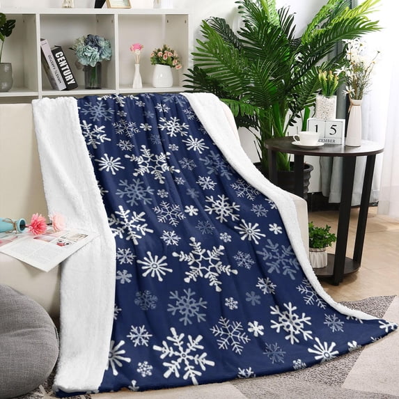 Dark Blue Christmas Snowflake Pattern Blanket,Comfortable Soft Lamb Wool Throw Blanket,All Season,Warm Lightweight Blankets for Sofa Bed Couch Living Room Chair,60"x80"