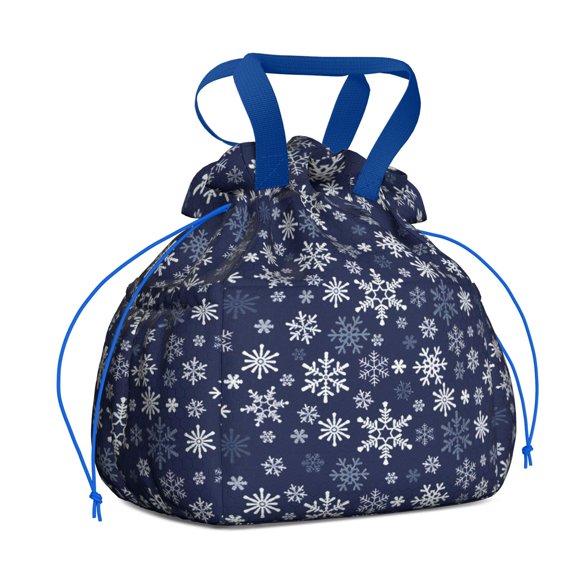 Dark Blue Christmas Snowflake Pattern Drawstring Lunch Bag Women - Drawstring Lunch Bag Insulated for Work Office - Stain-Resistant Large Lunchbags for Women with Multi-Pockets
