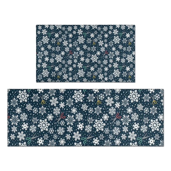 Dark Blue Christmas Snowflake Pattern Kitchen Rugs Sets Of 2,Anti Fatigue Kitchen Mat Rugs Non Slip Washable,Decorative Kitchen Floor Mats for Kitchen,Sink,Laundry,17"x30"+17"x47"