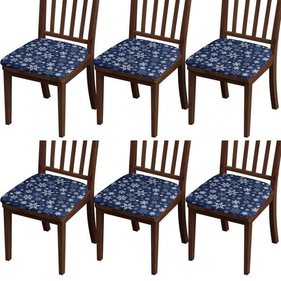 Dark Blue Christmas Snowflake Seat Covers for Dining Room Chairs Set Of 6,Stretch Printed Washable Chair Seat Cover with Elastic Ties and Button,Removable Waterproof Couch Cushion Covers