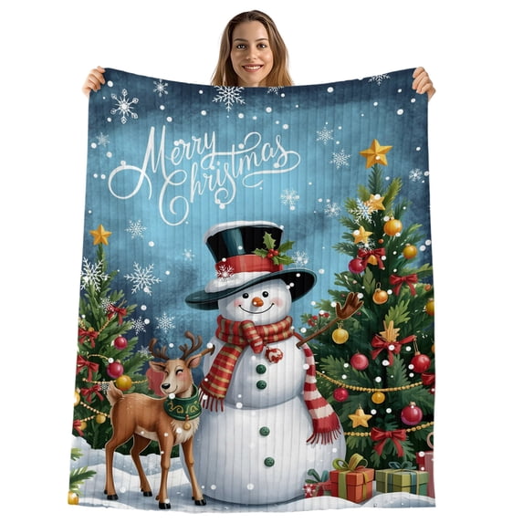 Dark Blue Christmas Throw Blanket, Flannel Fleece Blanket with Striped Design for Couch, Snowman Xmas Tree Snowflake Gifts Elk Soft Breathable All Season Plush Blankets for Sofa Chair Travel 32"x48"