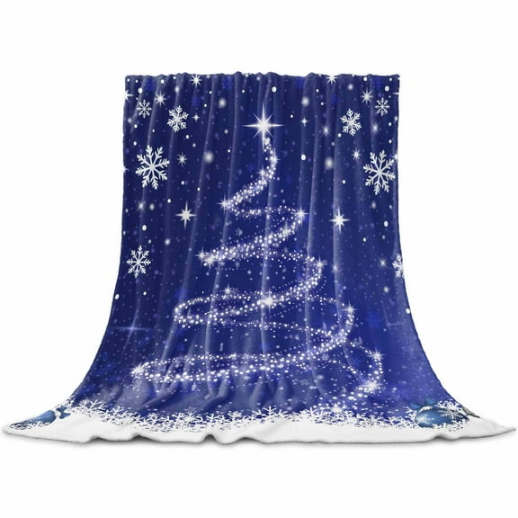 Dark Blue Christmas Throw Flannel Blanket 32x48In Shiny Star Xmas Tree Balls Snowflakes Super Soft Cozy Bed Blanket, Lightweight Plush Fuzzy Bed Throw for Bedroom Sofa Couch Living Room