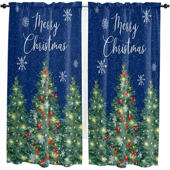 Dark Blue Christmas Tree Kitchen Curtains 84 Inch Length, Farmhouse Curtains & Drapes, Xmas Tree Balls Snowflake Rod Pocket Window Curtains for Living Room/Bedroom, 52" x 84", 2 Panels