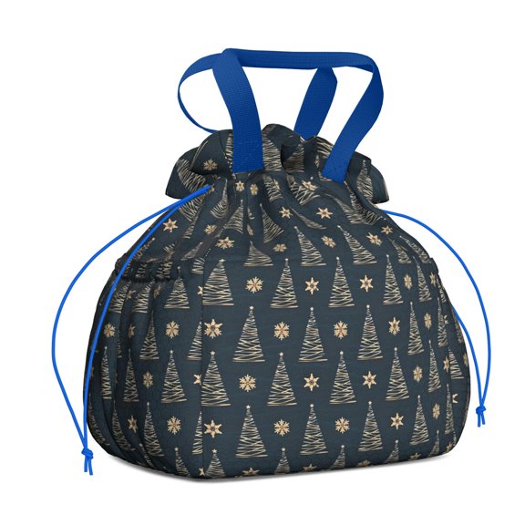 Dark Blue Christmas Tree Pattern Drawstring Lunch Bag Women - Drawstring Lunch Bag Insulated for Work Office - Stain-Resistant Large Lunchbags for Women with Multi-Pockets
