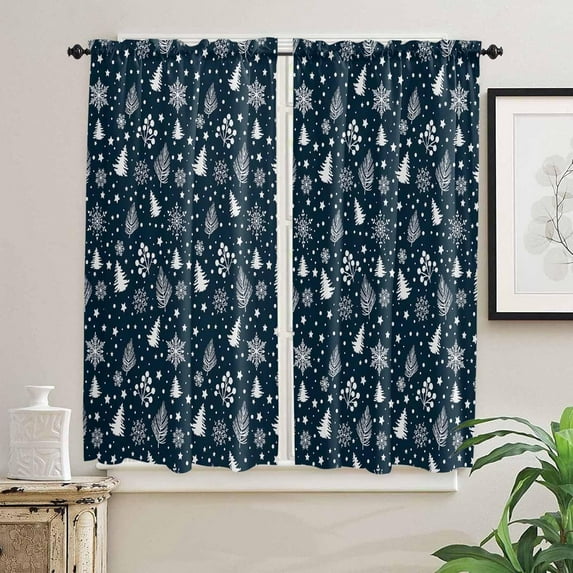 Dark Blue Christmas Trees Kitchen Curtains 63 Inches Long, Winter Xmas Pine Snowflake Rod Pocket Window Curtains Panels for Bedroom/Bathroom/Nursery, Light Filtering Treatment Curtains Drapes 42"x63"