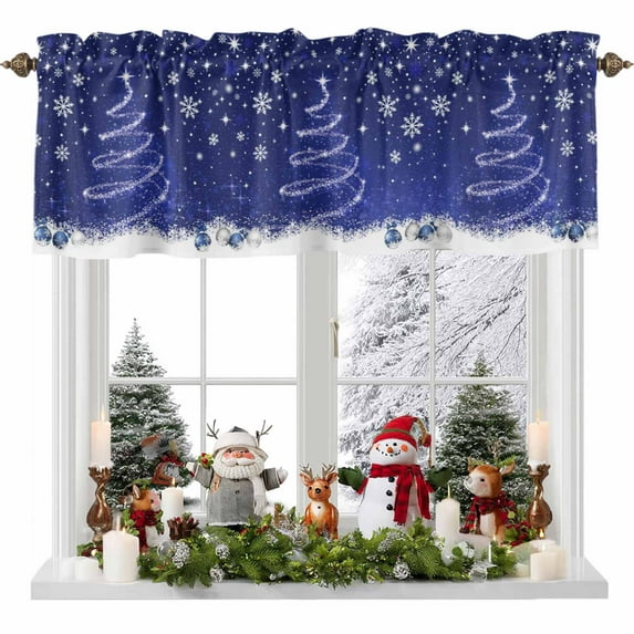 Dark Blue Christmas Valances for Windows, 54 x 18in, Shiny Star Xmas Tree Balls Snowflakes Rod Pocket Kitchen Valance Curtain Light Filtering Window Treatments for Living Room Bedroom, 1 Panel