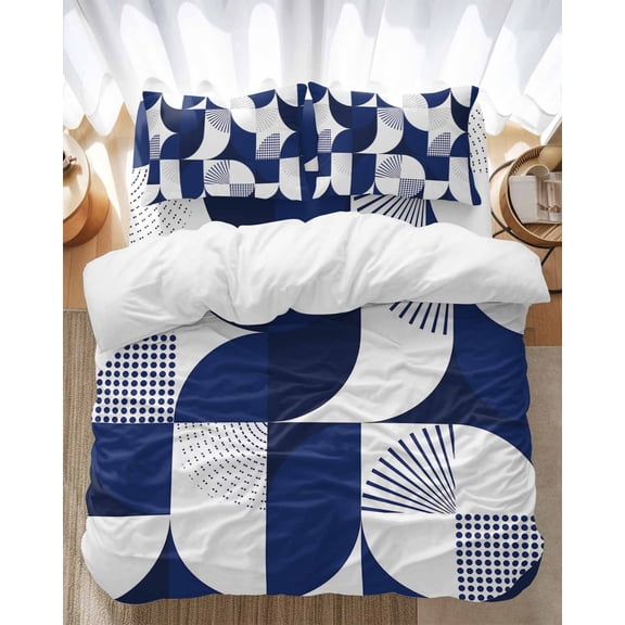 Dark Blue Circular Bedding Duvet Cover Set Full Size 4 Pieces Medieval Geometric Abstract Bedding Set with Zipper Closure, 1 Comforter Cover 86x86 Inches 1 Flat Sheet & 2 Pillow Cases