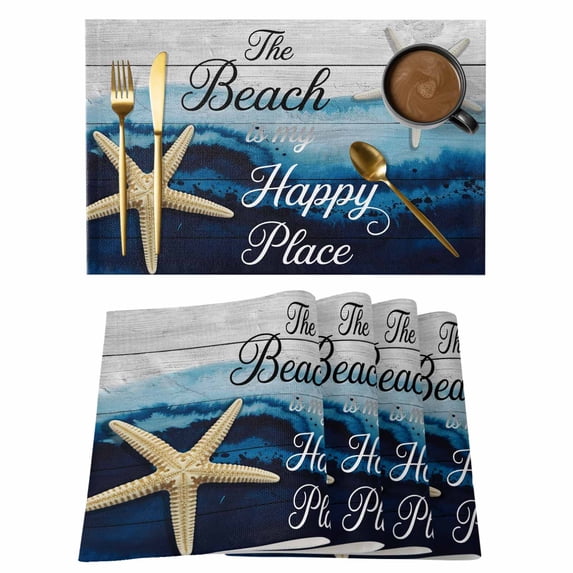 Dark Blue Coastal Placemats Set of 4, Summer Starfish Beach Wood Grain Placemats for Dining Table, Place Mats for Kitchen Tabletop, Waterproof Wipeable Dining Table Mats Set