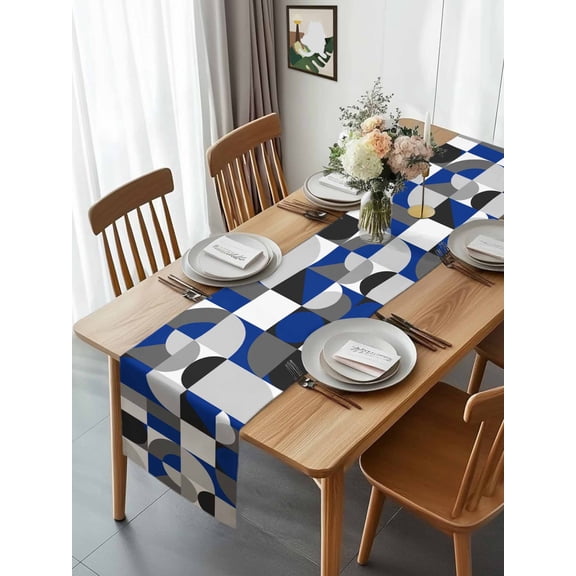 Dark Blue Color Block Mid Century Nordic Style Table Runner 13x70in Non-Slip Cotton Linen Table Runners, Grey Abstract Geometric Dresser Scarves TableRunner for Dinner Kitchen Dining Wedding Party