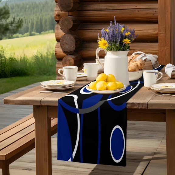 Dark Blue Color Block Table Runner 13x90in Non-Slip Cotton Linen Table Runners, Abstract Geometric Line Dresser Scarves TableRunner for Dinner Kitchen Dining Wedding Party