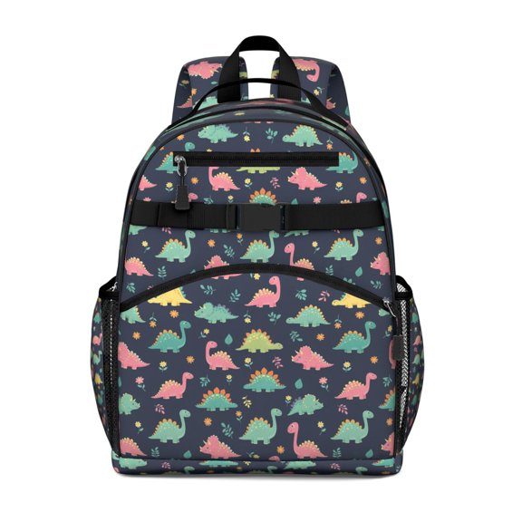 Dark Blue Colorful Dinosaur and Flower Pattern Backpack for School,Cute School Bag,Schoolbag with Adjustable Shoulder Straps & Padded Back,15.25"x11.5"x5.25"