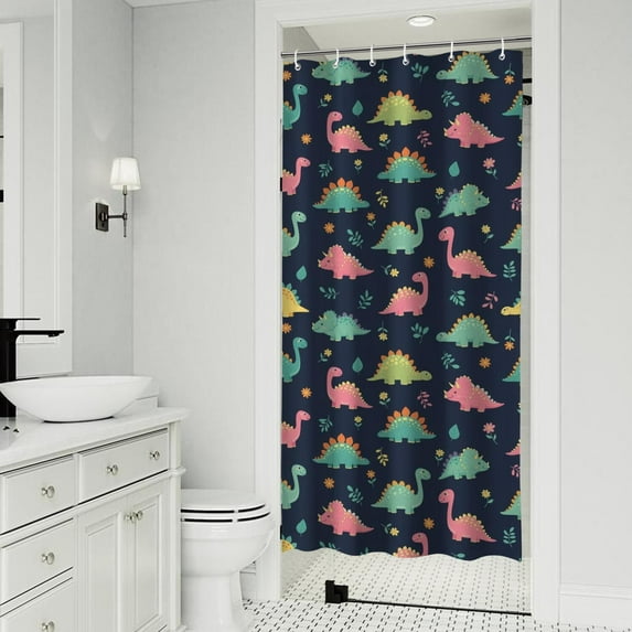 Dark Blue Colorful Dinosaur and Flower Pattern Shower Curtain 36"x72" ,Bathroom Decorative Shower Curtains Set with 12 Hooks,Modern Waterproof Washable Shower Curtain