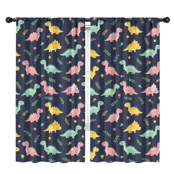 Dark Blue Colorful Dinosaur and Flower Insulated Teens Curtains Set Of 2, Bedroom Essentials, Toddler Room Decor 42"x84"