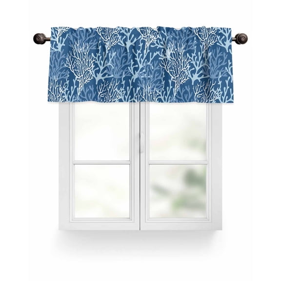 Dark Blue Coral Pattern Kitchen Valances for Windows Summer Coastal Ocean Valance Curtains&nbsp; for Kitchen /Living Room/Bedroom/ Bathroom Decor, 54"x18 " ,Rod Pocket 1 Panel,