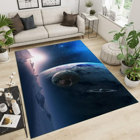 Dark Blue Cosmic Planet Design Area Rug, White Gray Snow Mountain Large Indoor Rug With Non-Slip Backing Machine Washable Bedroom Rug For Boys Room Dormitory Living Room 5x7ft
