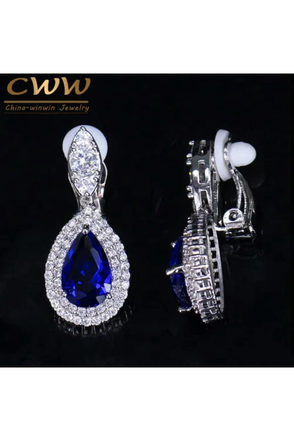 Dark Blue Cubic Zircon Teardrop Dangle Women Clip on Earings For Non Pierced Ear