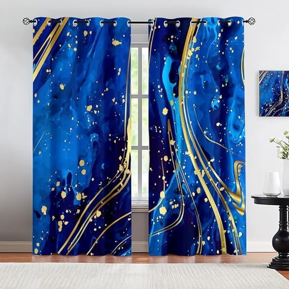 Dark Blue Curtains Ombre Black Out Curtains, Yellow Spots And Stripes 3D Printed Drapes for Living Room, Luxury Marble Bedroom Curtains for Home Decor 26"W x 45"L (Pack of 2)
