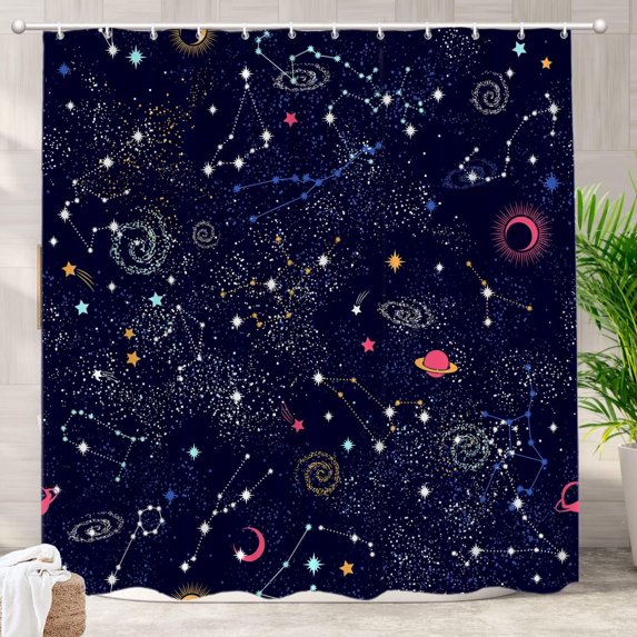 Dark Blue Cute Universe Decor Shower Curtain, Cartoon Dark Blue Galaxy Bathroom Decor Polyester Fiber Plastic Rings Quick-Drying Waterproof for Bathtubs/Bathroom, 72x72 inches