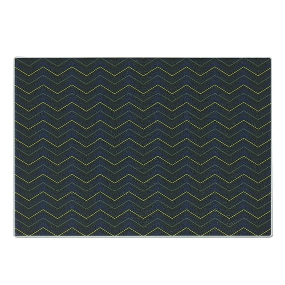 Dark Blue Cutting Board, Modern Geometrical Pattern with Neon Effected Chevron Zigzag Lines, Decorative Tempered Glass Cutting and Serving Board, Small Size, Dark Blue Yellow Green, by Ambesonne
